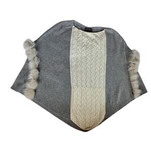 Mitchie's Gray Color Block Cable Knit Wool Cream Fox Fur Poncho Sweater Women